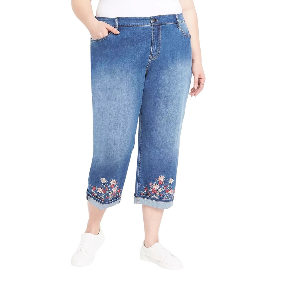 Lane Bryant Plus Size 16P Capri Jeans Blue Floral‎ Embroidered Rhinestones 1497